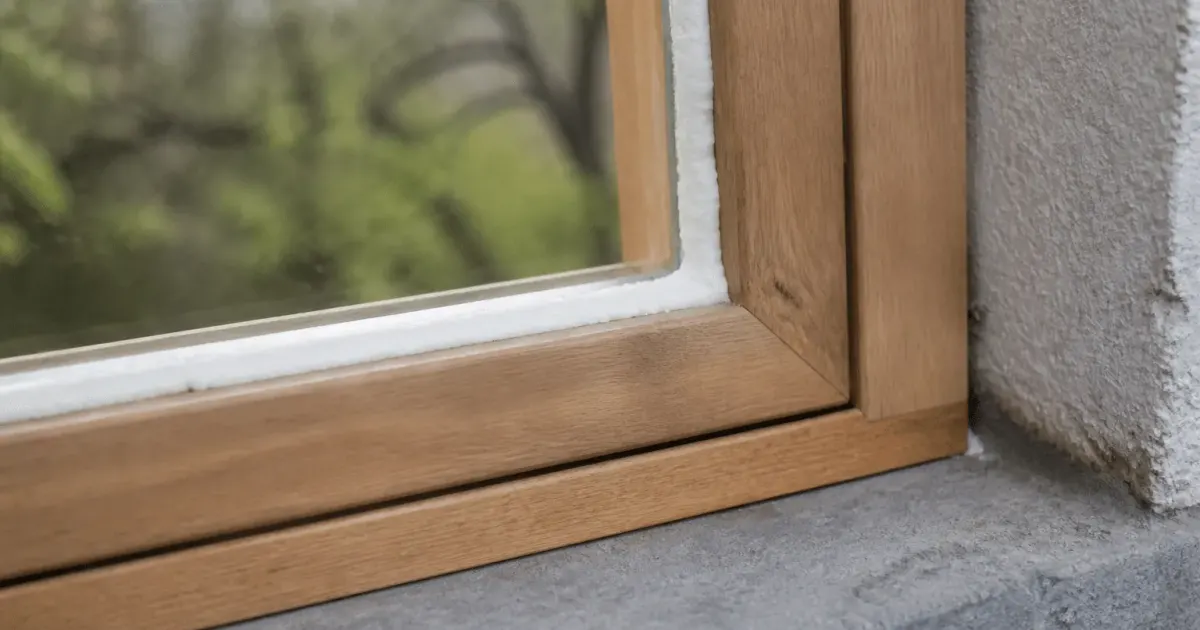Fenetre avec joint mousse blanc applique sur cadre bois