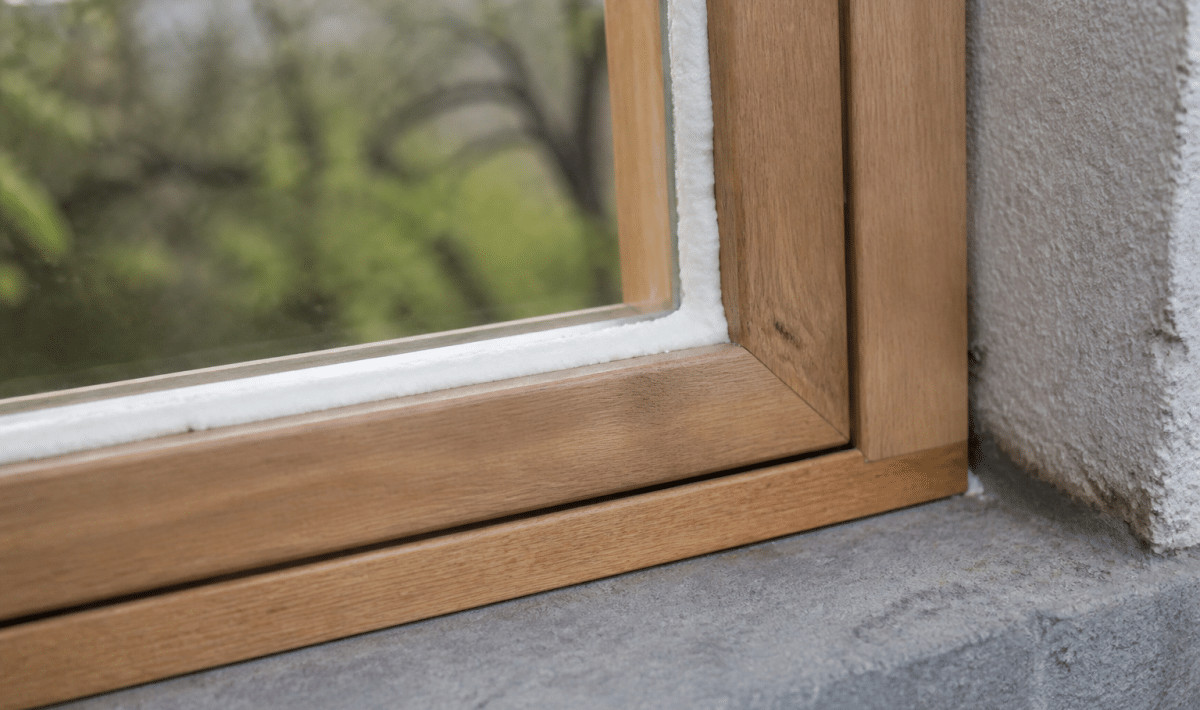 Fenetre avec joint mousse blanc applique sur cadre bois