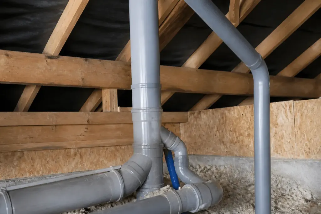 Tuyaux de plomberie connectes a colonne ventilation sous toiture