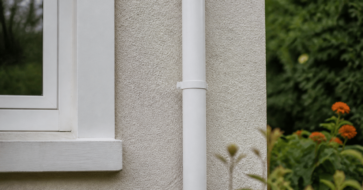 Tuyau vertical blanc fixe au mur de maison