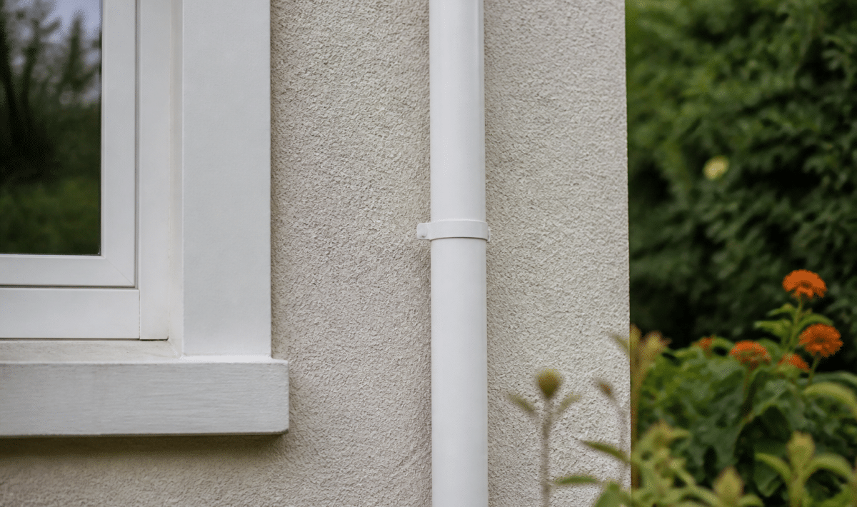 Tuyau vertical blanc fixe au mur de maison