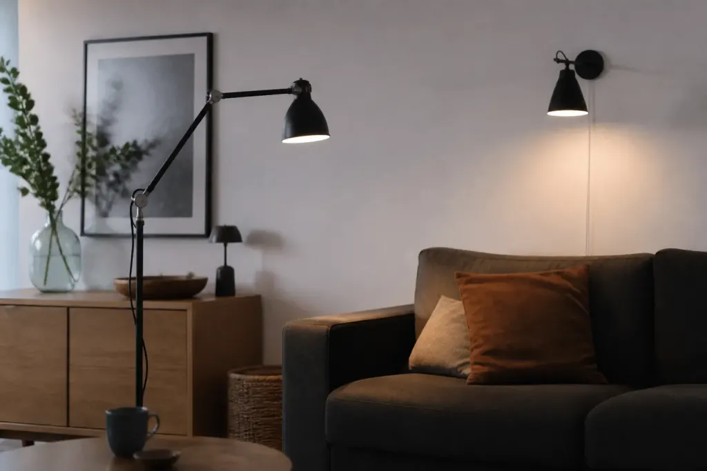 Lampadaire orientable et applique murale eclairant un salon