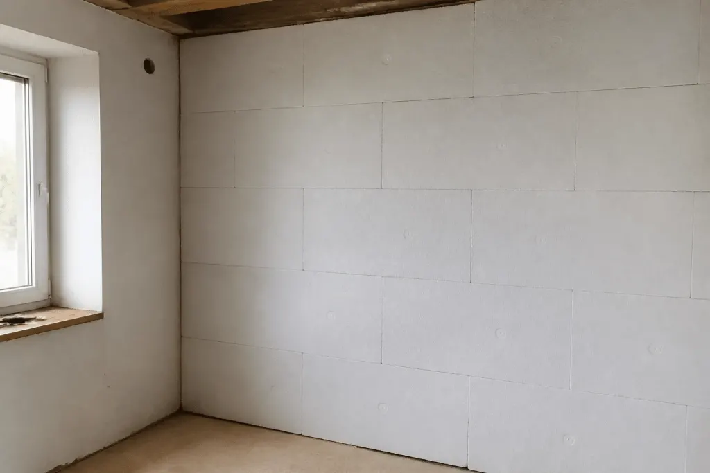 Panneaux isolants blancs installés sur mur interieur maison