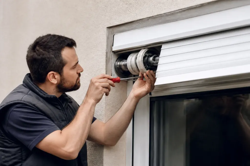Technicien réparant volet roulant avec pièces détachées visibles