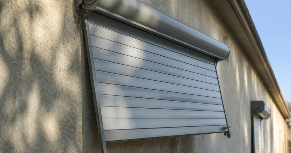 Store metallique deroule pendouille d'un cote contre la facade