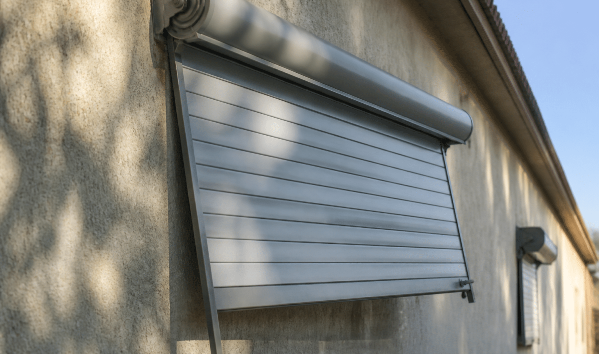 Store metallique deroule pendouille d'un cote contre la facade