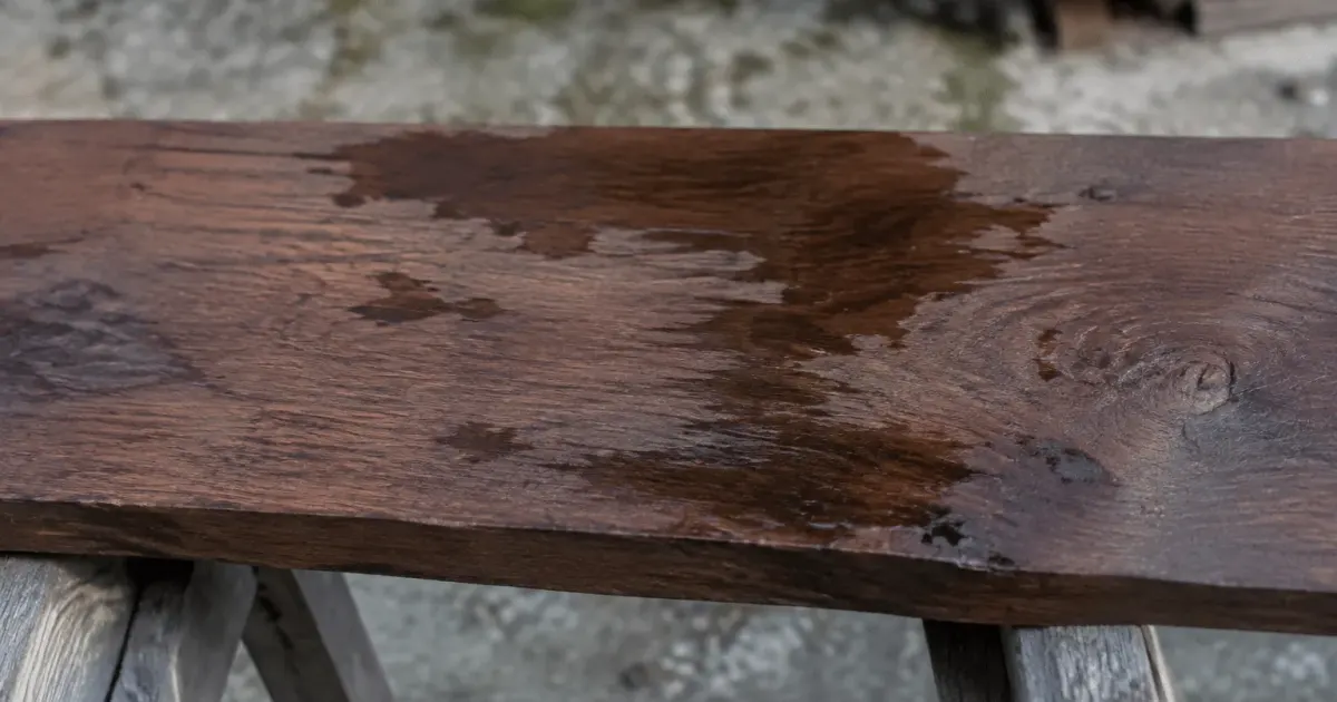 Planche bois foncee posee horizontalement avec taches humidite visibles