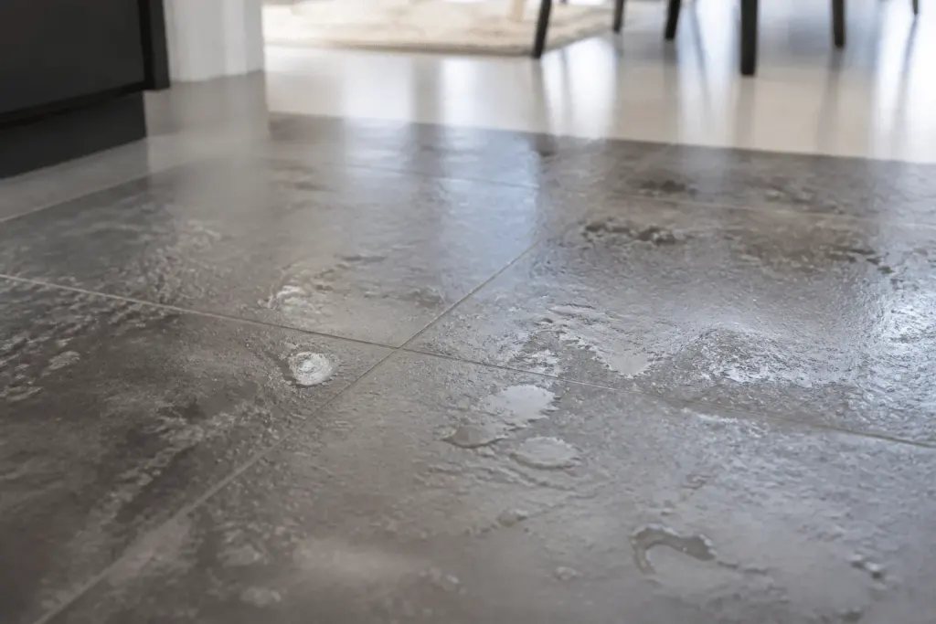 Carrelage humide avec résidus calcaires visibles après nettoyage incomplet