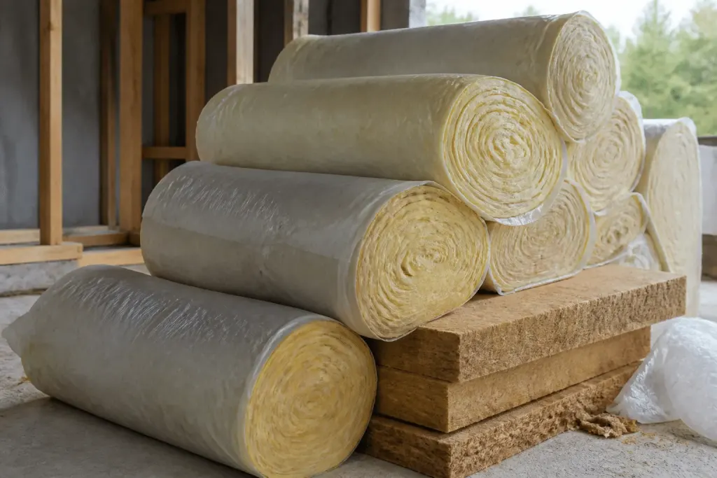 Rouleaux laine verre et fibre bois empilés sur chantier