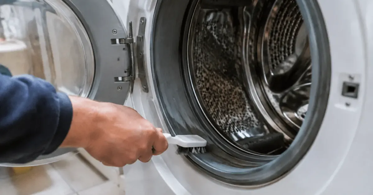 Main tenant une brosse dans le joint horizontal de lave-linge ouvert