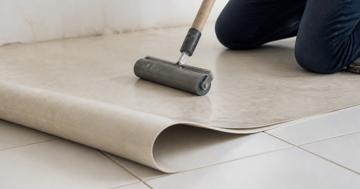 Rouleau applicateur pressant lino sur carrelage blanc