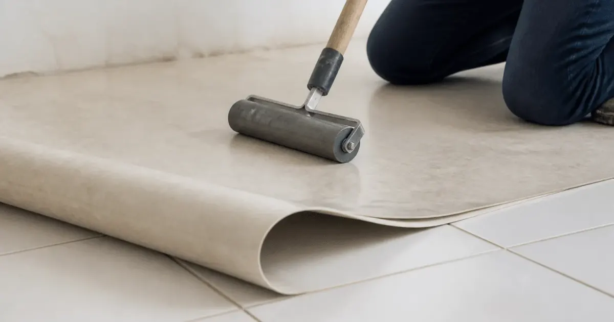 Rouleau applicateur pressant lino sur carrelage blanc