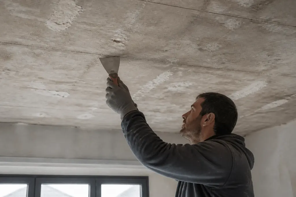 Ouvrier prepare surface plafond avant installation ossature