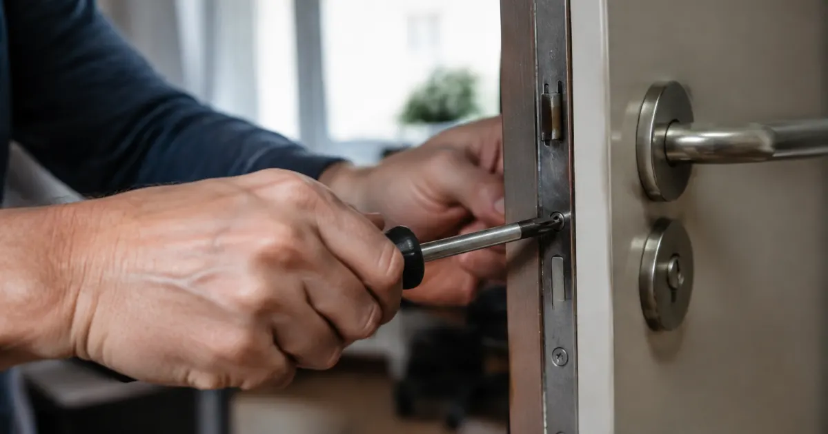 Main serrant tournevis sur mecanisme metallique porte entrouverte