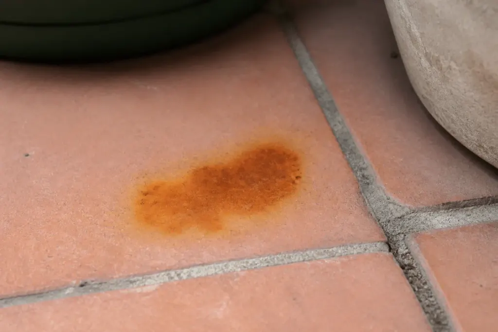 Tache de rouille sur carrelage terre cuite poreux
