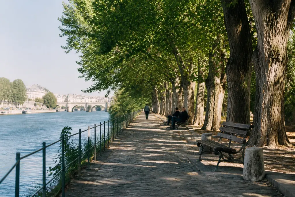 Berges verdoyantes de la Seine avec bancs et arbres