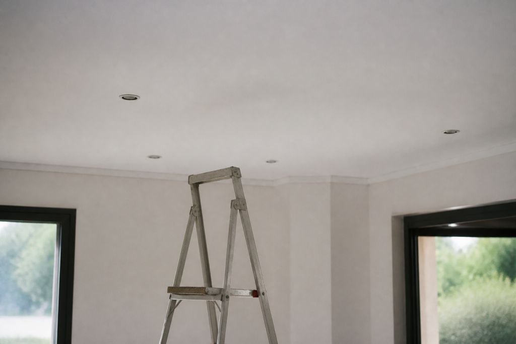 Escabeau place sous plafond blanc, spots de eclairage eteints