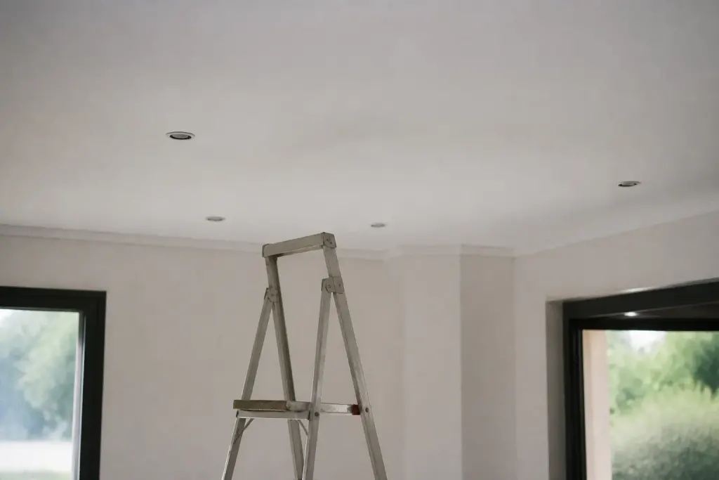 Escabeau place sous plafond blanc, spots de eclairage eteints