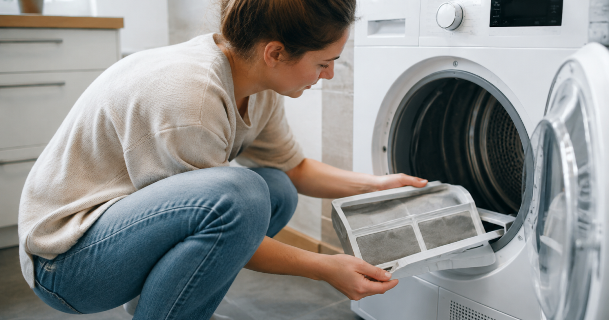 Femme accroupie retire filtre seche-linge blanc porte