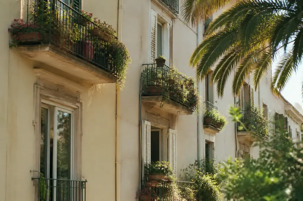 Immeubles beiges aux balcons fleuris et palmiers