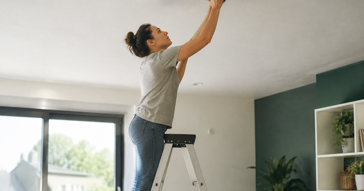 Personne sur escabeau bras leves nettoyant plafond blanc