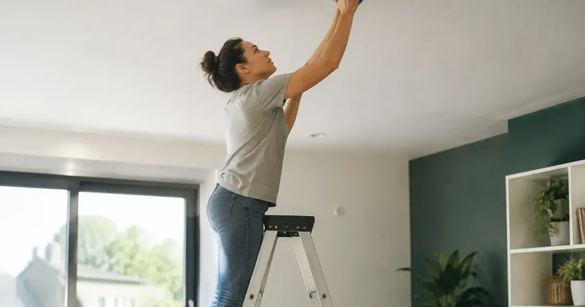 Personne sur escabeau bras leves nettoyant plafond blanc