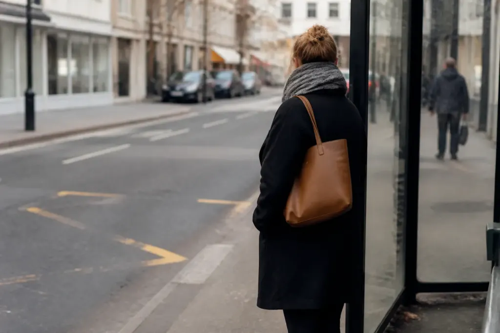Personne attendant bus arret rue commercante
