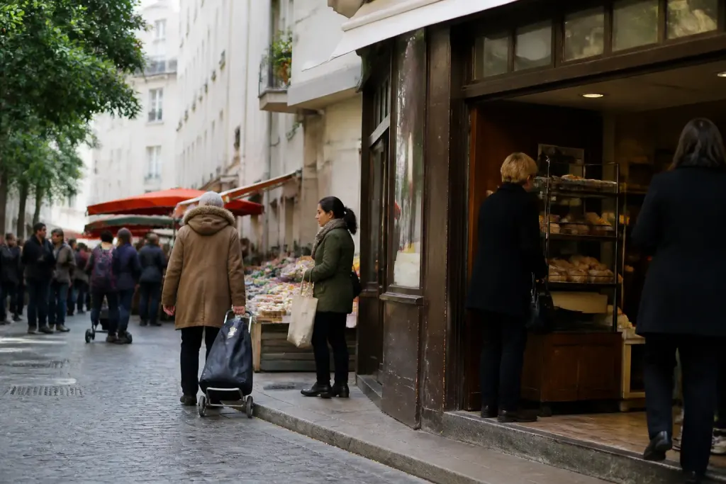 Rue animee avec commercants et boulangerie au coin