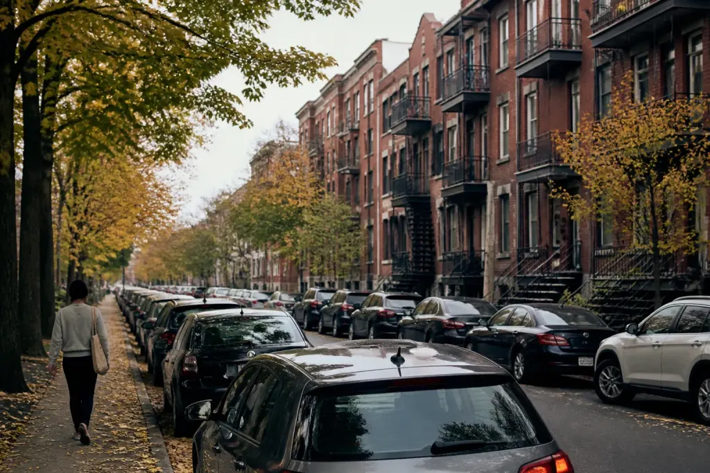 Rue animee avec maisons en brique et voitures garees