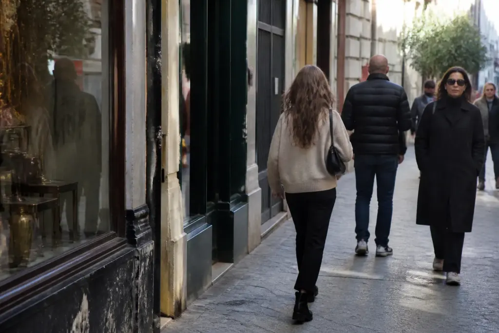 Rue animee avec vitrines de commerces et passants