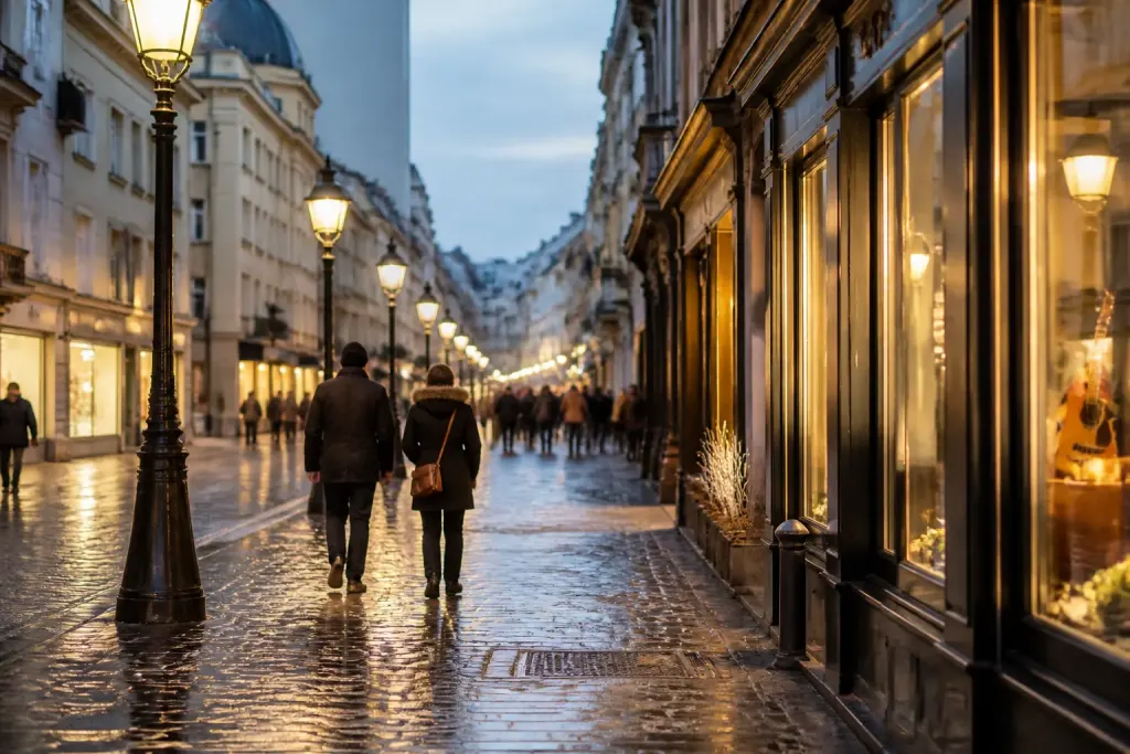 Rue animee bordee de vitrines lumineuses sous lampadaires