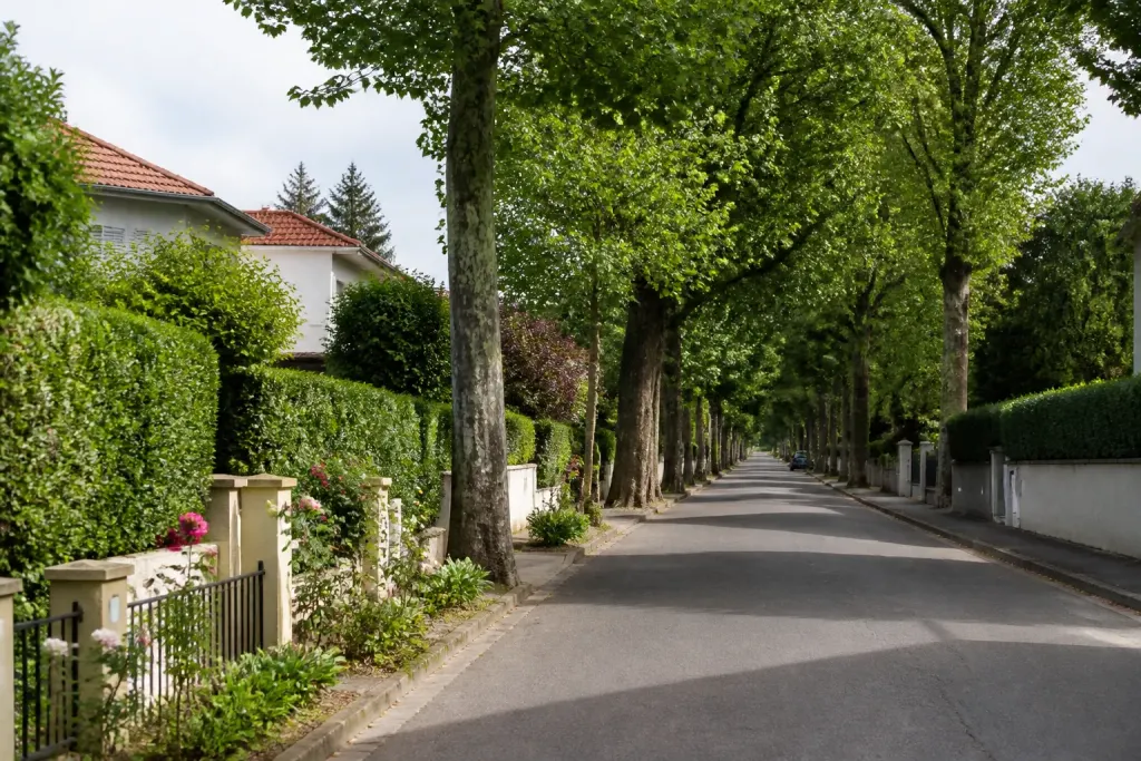 Rue calme bordee par des arbres pavillons et jardins