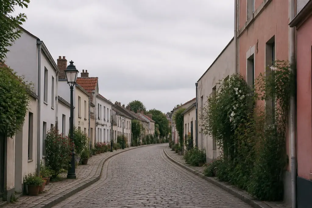 Rue calme bordee de petites maisons et vieux lampadaires