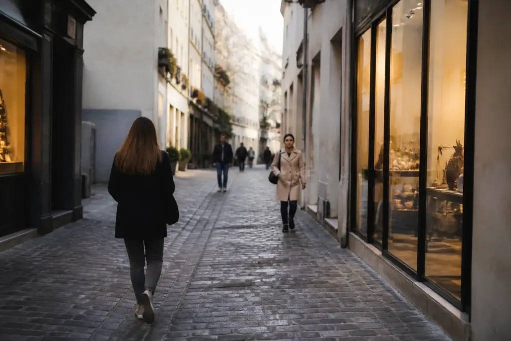 Rue calme avec boutiques eclairees et passants
