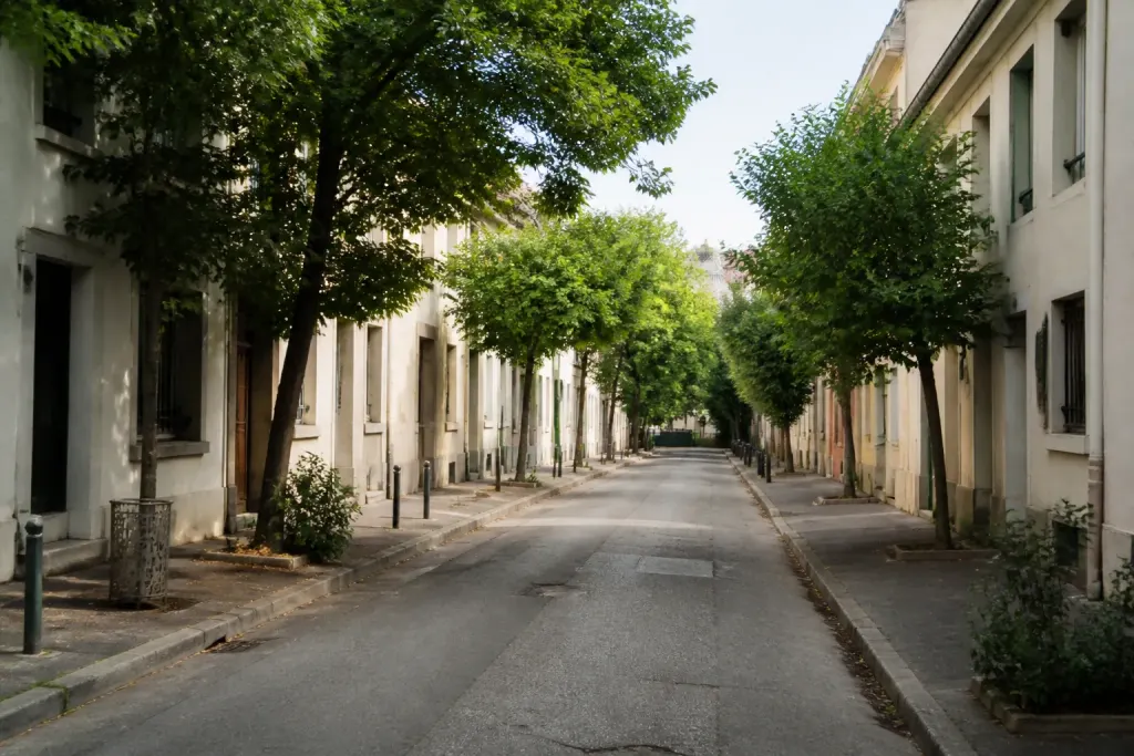 Rue calme bordee de petits immeubles et arbres verts