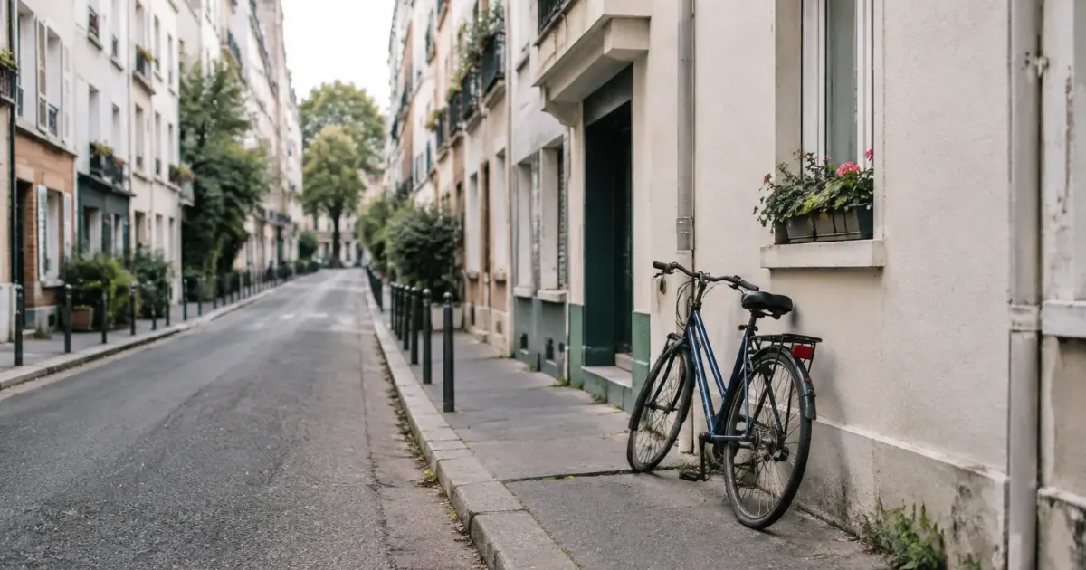 Rue calme bordee de petits immeubles, velo appuye