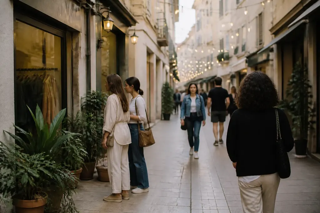 Rue illuminee avec habitants pres de boutiques locales
