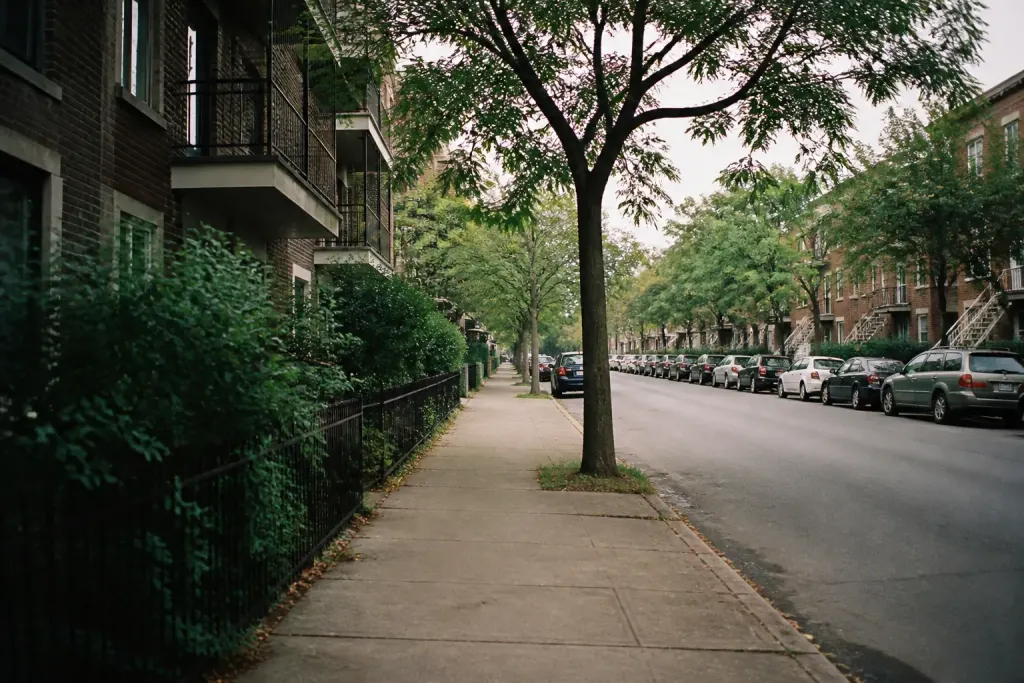 Rue calme avec immeubles residentiels et trottoir