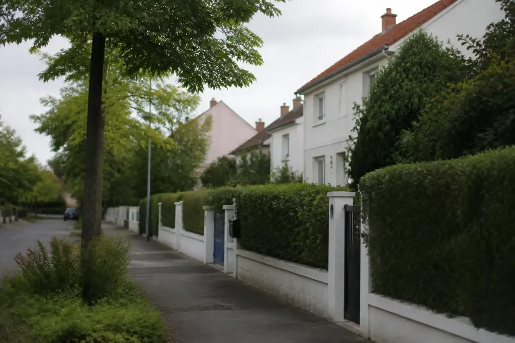 Rue residentielle bordee de pavillons avec haies et arbres
