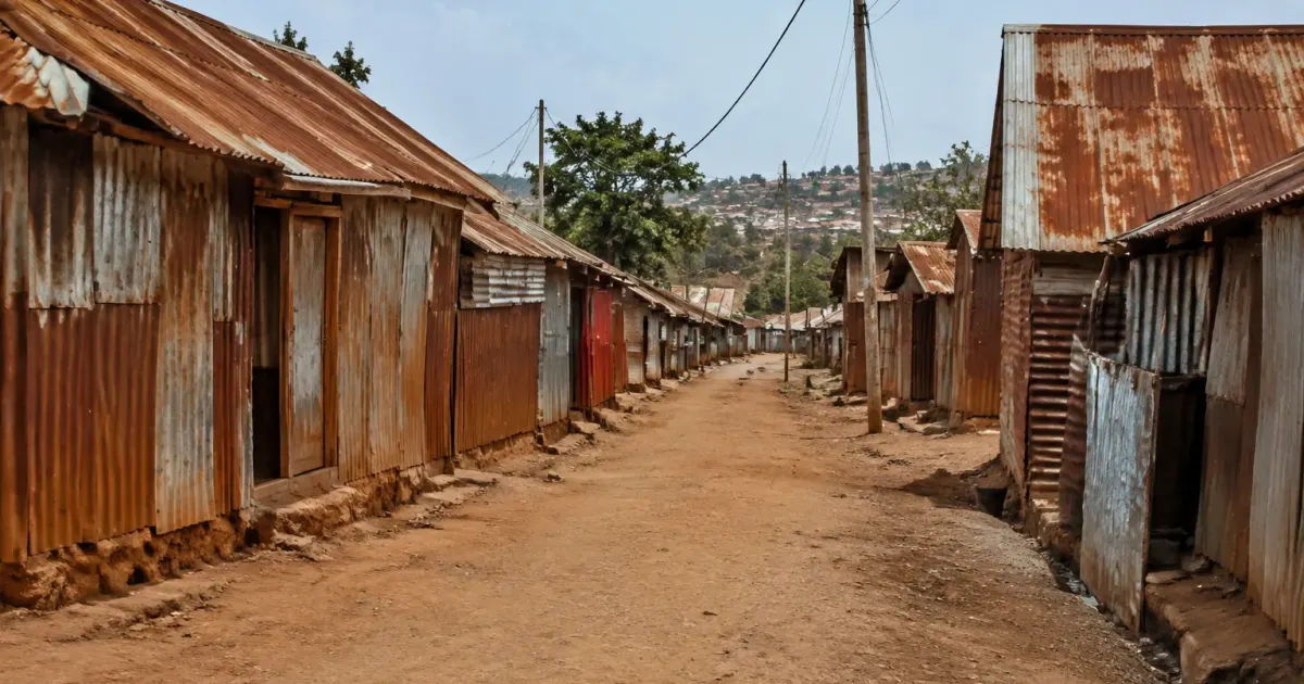 Rue en terre bordée de maisons en tôle rouillée