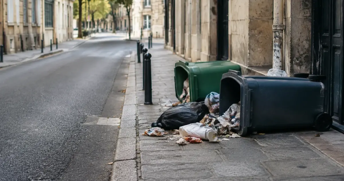 Rue vide avec poubelles renversees sur le trottoir