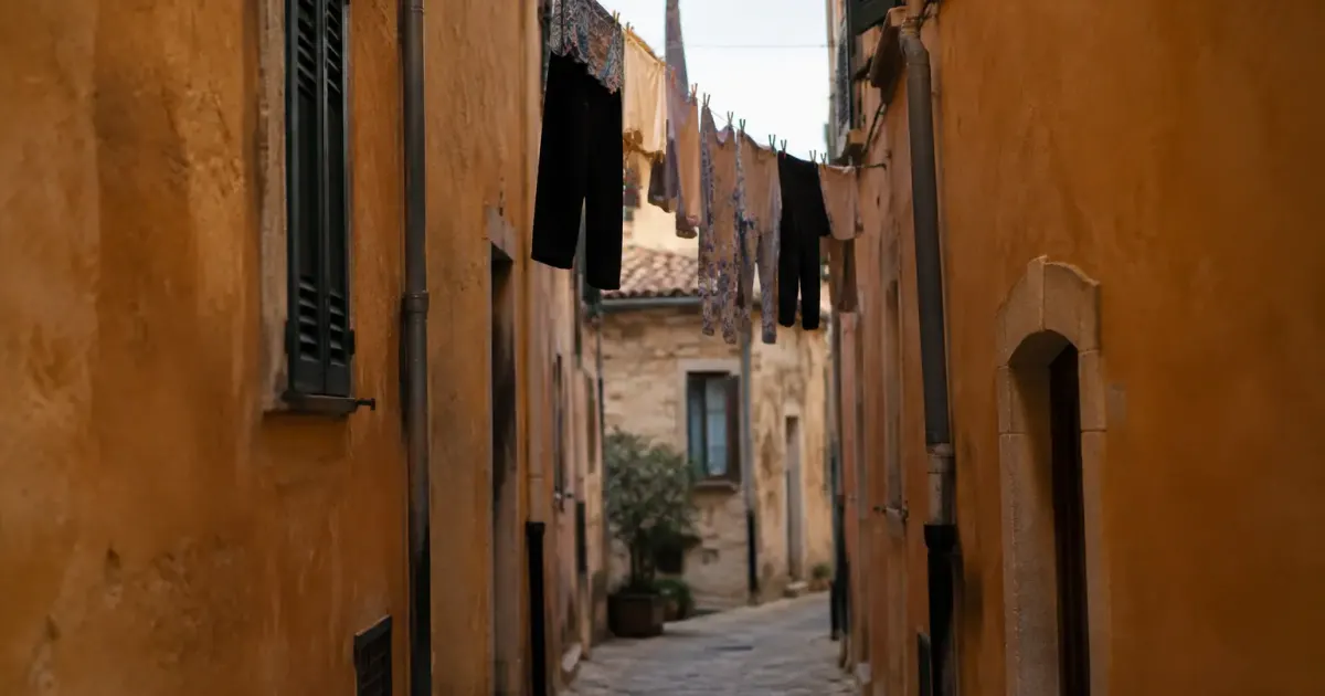 Ruelle etroite avec linge suspendu entre facades ocres