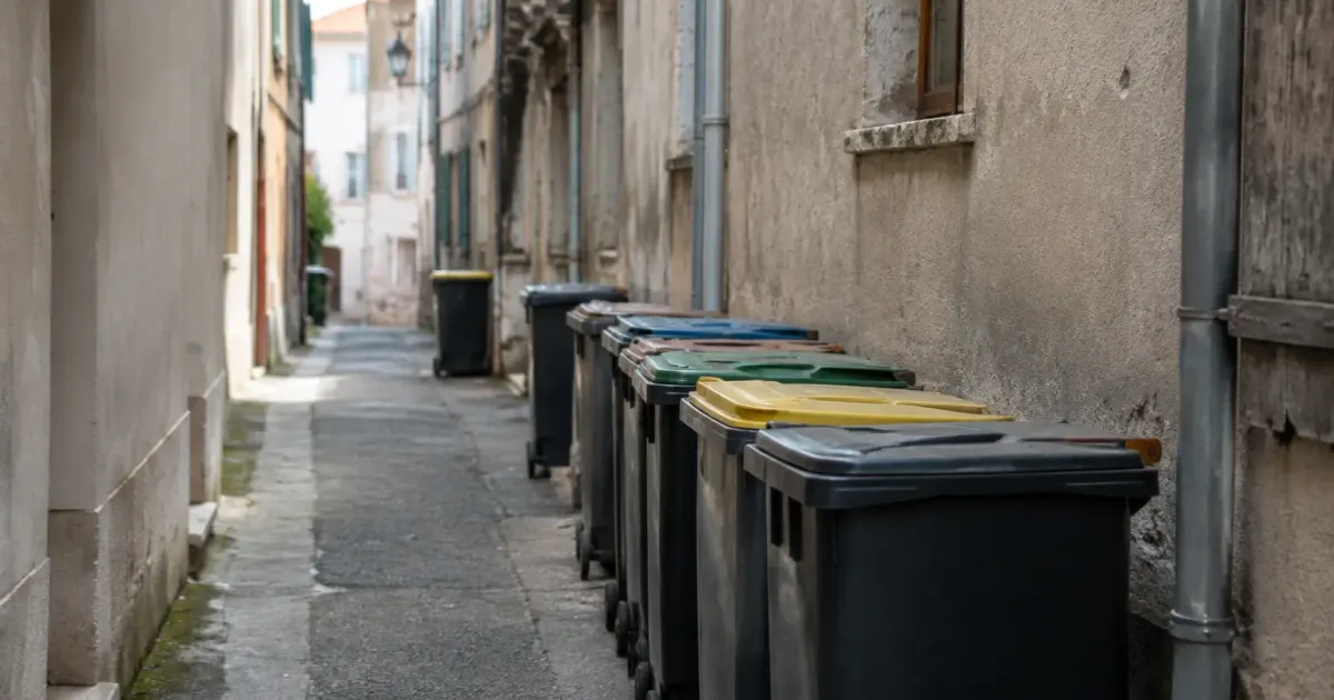 Ruelle etroite avec poubelles alignees le long des facades