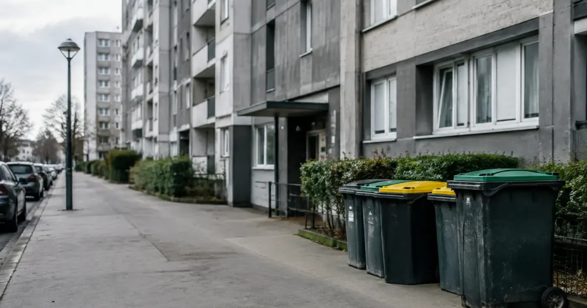 Trottoir vide devant grands immeubles gris et poubelles