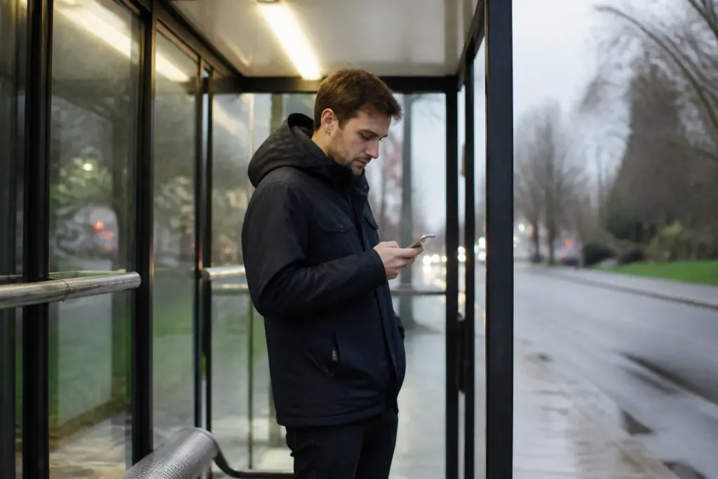Voyageur consultant son téléphone devant un abri bus éclairé